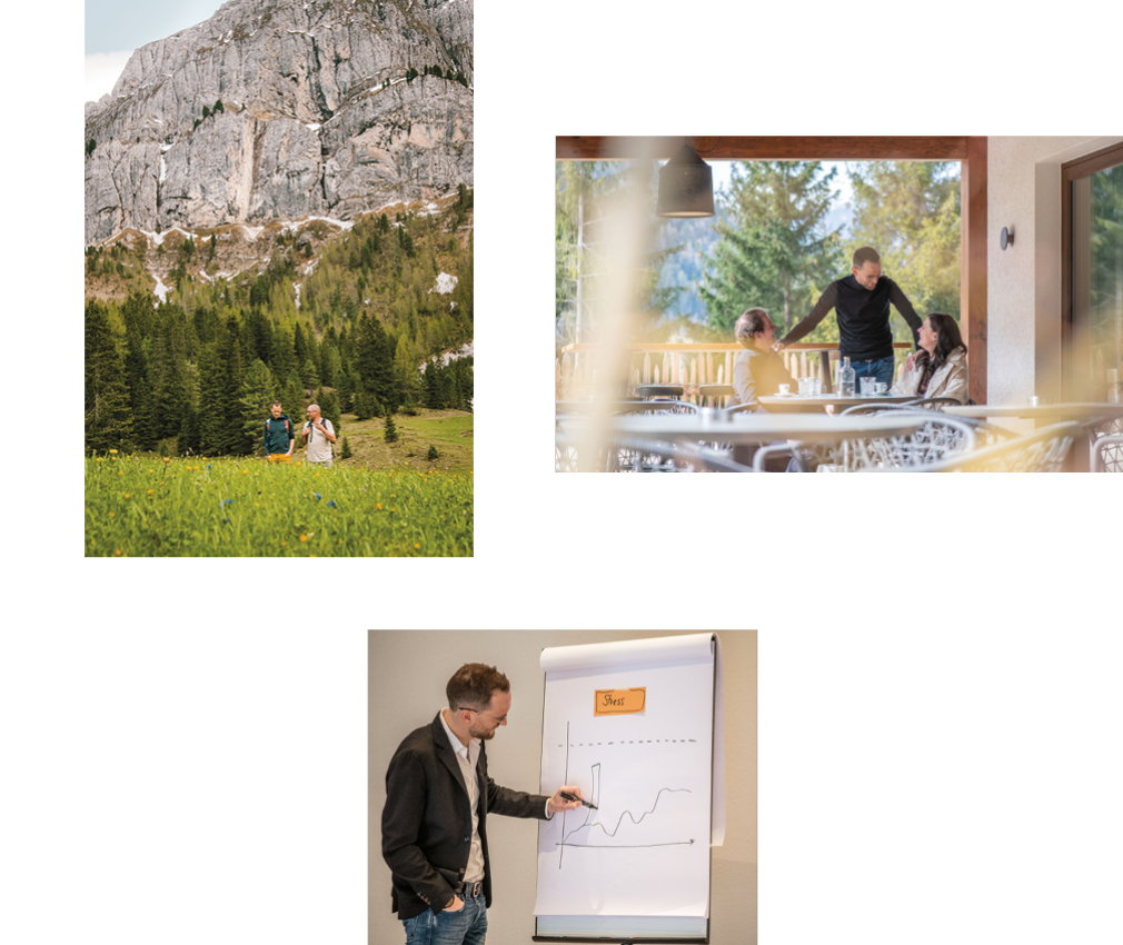 rigofree: professionelle Business Coachings direkt in der Firma oder in den Dolomiten Das Bild zeigt drei verschiedene Szenen des Coachings mit Paul Felix Rigo: einmal steht er und schreibt etwas auf eine Flip Chart, beim zweiten spricht er mit einem Paar, das sitzt und beim dritten coacht er einen Mann in den Dolomiten.