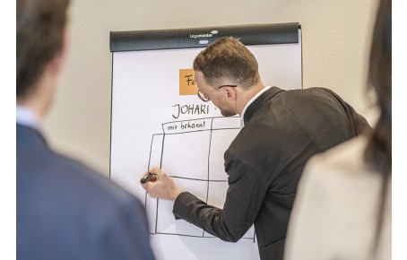 rigofree | professionelle Business Coachings im Hotel während Deines Südtirol Urlaubes Das Bild zeigt Paul Felix Rigo beim Zeichnen einer Grafik auf einer Flip-Chart.