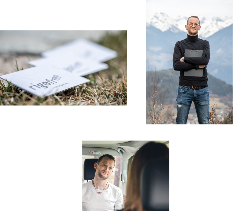 rigofree: professionelle Business Coachings in den Dolomiten und im VW-Bus, der mobilen Praxis Das Bild zeigt drei Ausschnitte aus dem Arbeitsalltag des Coachs Paul Felix Rigo. Einmal steht er allein, auf dem zweiten sind die Visitenkarten abgebildet und auf dem dritten coacht er eine Frau im Bus