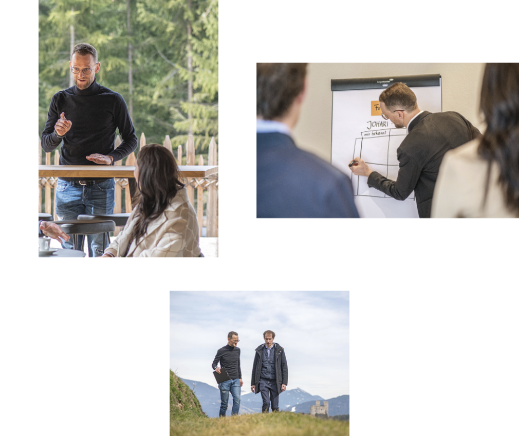 rigofree | professionelle Coachings zu geschäftlichen und privaten Themen in Südtirol. Das Bild zeigt drei Ausschnitte aus dem Berufsalltag des Coachs Paul Felix Rigo. Auf einem spricht er zu seinen Coachees, auf dem zweiten befindet er sich gerade in einer Einzelsitzung und auf dem dritten veranschaulicht er anhand einer Grafik die Inhalte, welche er zuvor erklärt hat.