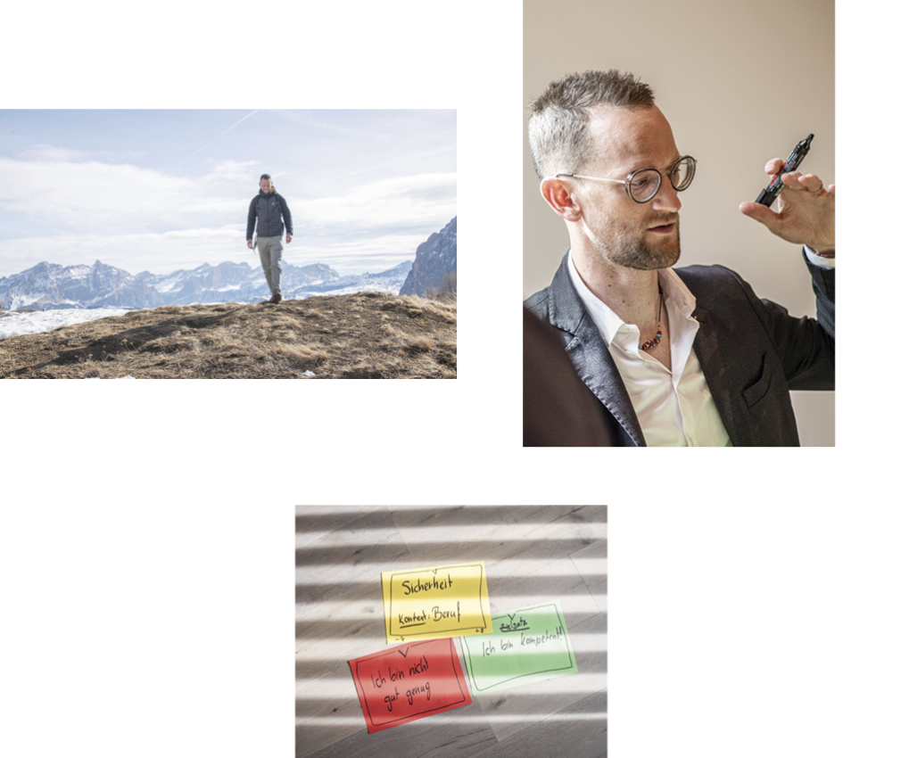 rigofree | beim professionellen Coaching kommen wissenschaftlich validierte Methoden zum Einsatz Das Bild zeigt drei Ausschnitte aus dem Coaching-Alltag von Paul: eines zeigt ihm beim Wandern in den Dolomiten, das zweite zeigt Zettel mit der Aufschrift