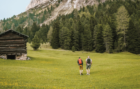 rigofree: geführte Tour in den Dolomiten, am Peitler Kofel, bei den Drei Zinnen und gleichzeitig ein Business outdoor Coaching. Das Bild zeigt Paul Felix Rigo mit einem Coachee über eine grüne Almwiese wandern. Im Hintergrund befinden sich ein uriger Heustadel sowie grüne, gesunde Nadelbäume, deren Zweige ausladen. Über ihnen erhebt sich der bekannte Dolomit namens Peitlerkofel.